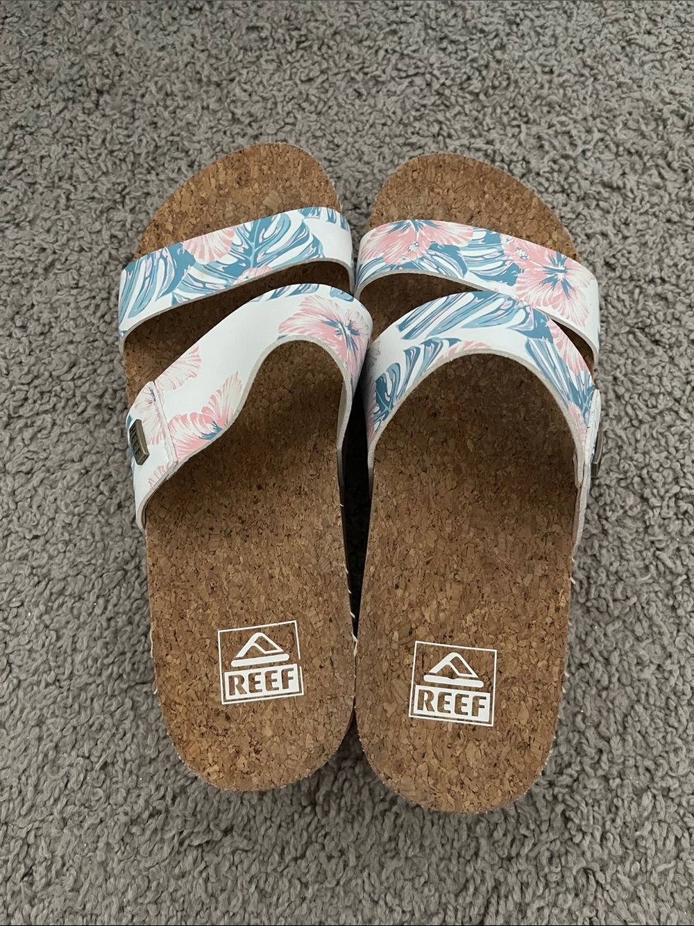 Reef Floral Cork Slide Sandals in White with Pink & Blue Print
